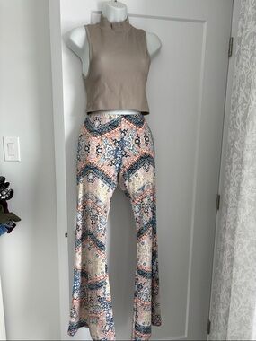 Printed Flare Pants in Beige, Blue & Coral and Babaton top